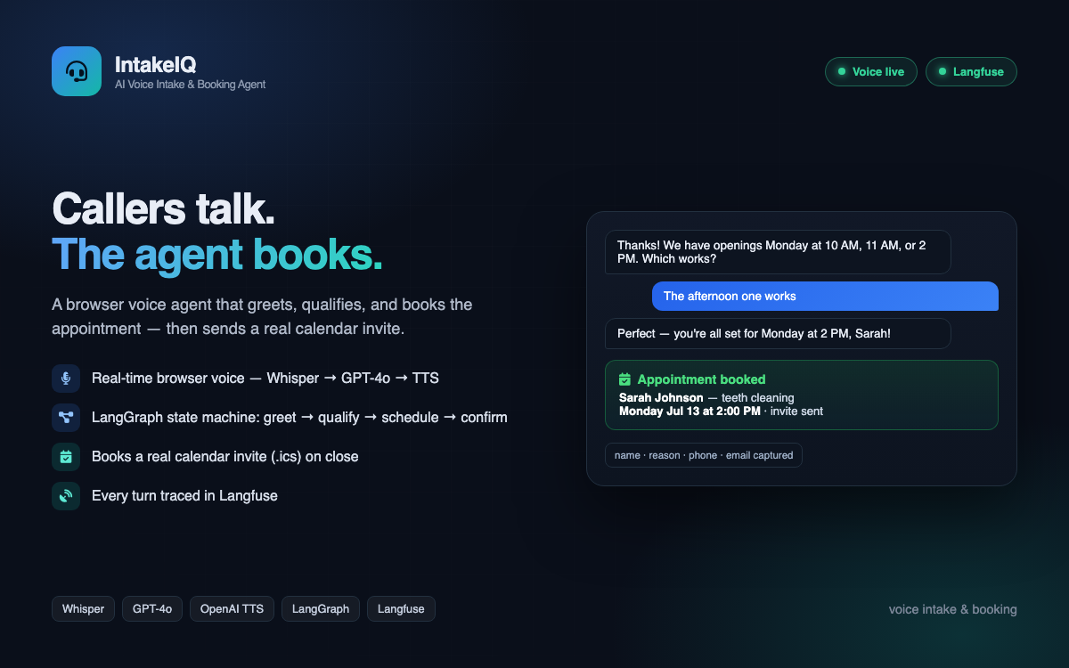 IntakeIQ — AI voice intake & booking agent