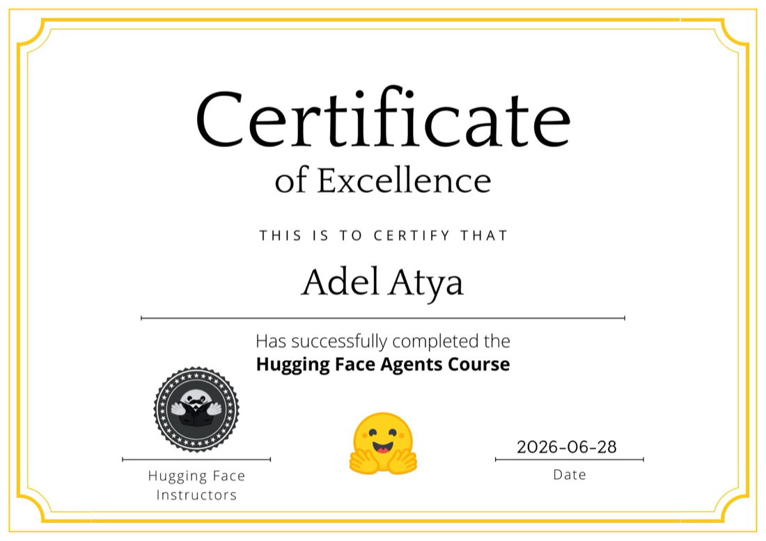Hugging Face AI Agents course certificate